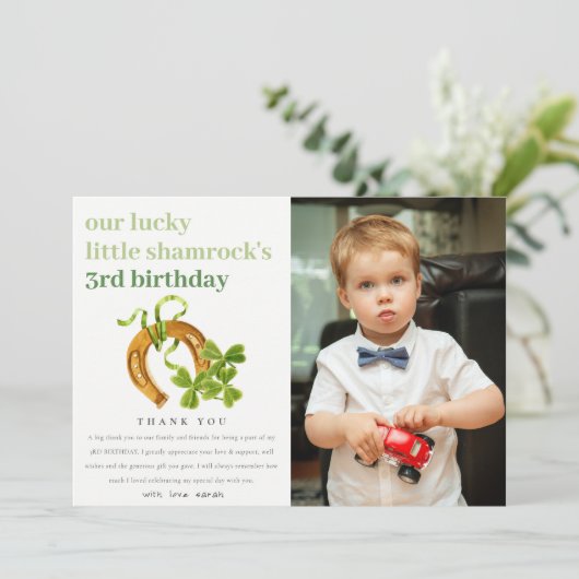 Lucky Shamrock St Patrick Day Kinder Foto Birthday Bedankkaart (Staand voorkant)