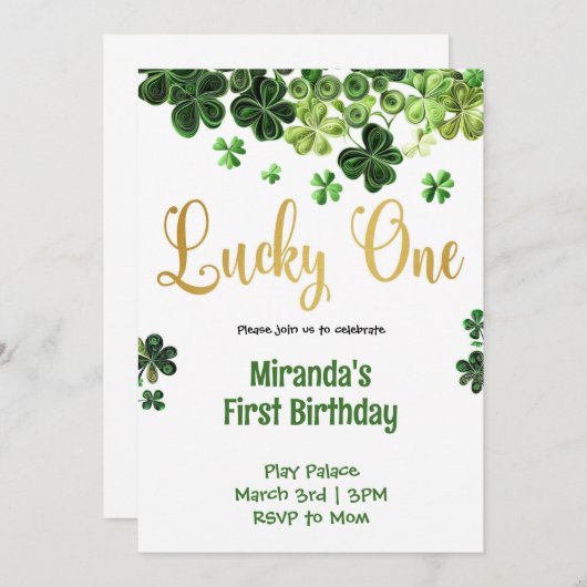 Lucky Shamrocks eerste verjaardag uitnodiging (Voorkant / Achterkant)