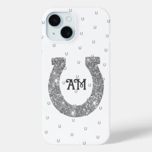Lucky Silver Glitter Hoefijzer Naam Initialen iPhone 15 Case