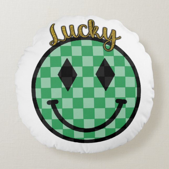 Lucky Smiley Face Green Gold Gecontkered Happy Fac Rond Kussen (Voorkant)