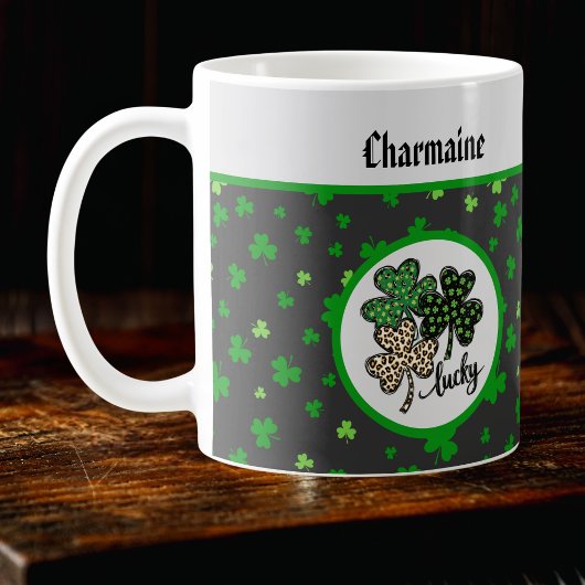 Lucky St Patrick Shamrock Green Black Cat Print Koffiemok