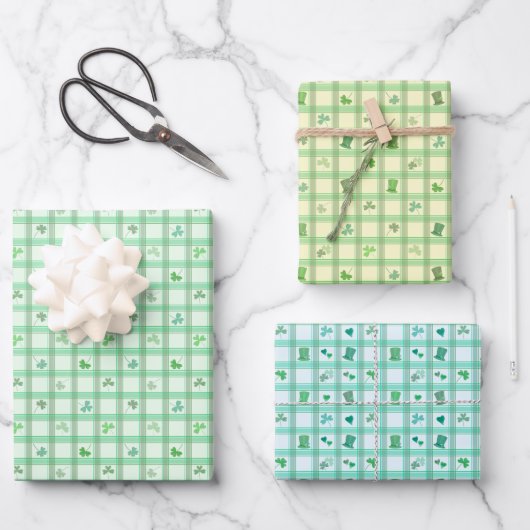 Lucky St Patricks Day Green Plaid Clover Inpakpapier Vel (Voorkant)