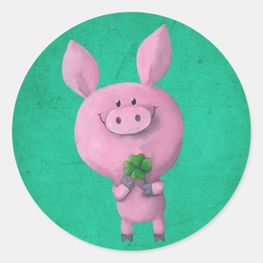 Lucky varken met vier bladklaver ronde sticker (Voorkant)