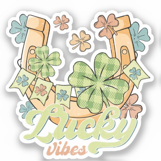 Lucky Vibes - Kleurrijke Klavers & Gouden Hoefijze Sticker (Voorkant)