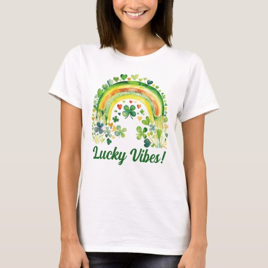 Lucky Vibes Waterverf Green Rainbow Shamrocks T-shirt (Voorkant)