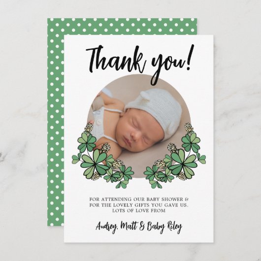 Lucky White Clovers Foto Baby shower Bedankkaart (Voorkant / Achterkant)