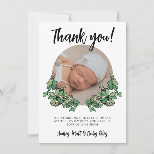 Lucky White Clovers Foto Baby shower Bedankkaart (Voorkant)