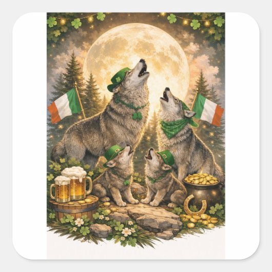 Lucky Wolf Pack – St. Patrick's Day Familie Huilt Vierkante Sticker (Voorkant)