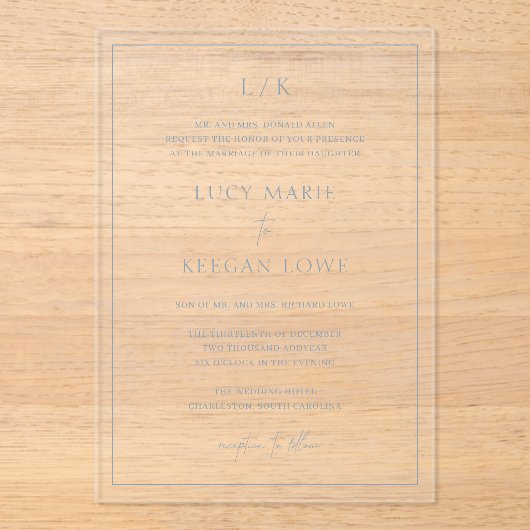 Lucy Dusty Blue Classic Elegant Bruiloft Acryl Uitnodigingen (Voorkant)