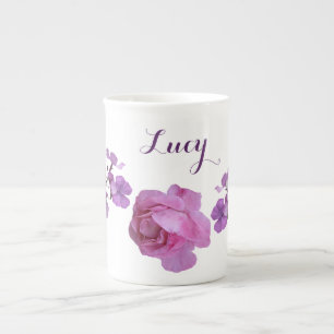  Lucy naam roze roos paarse bloemenpret Porselein Kop