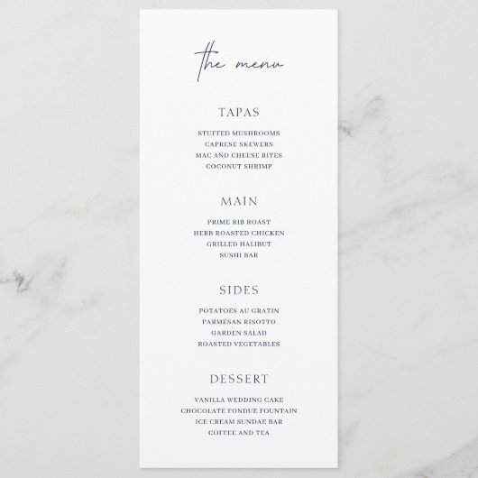 Lucy Navy Blue Classic Elegant Bruiloft Menu (Voorkant)