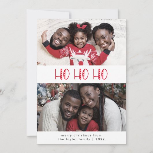 LUCY Red Fun Kind Family Ho Ho Ho 2 Foto Kerstmis Feestdagenkaart (Voorkant)