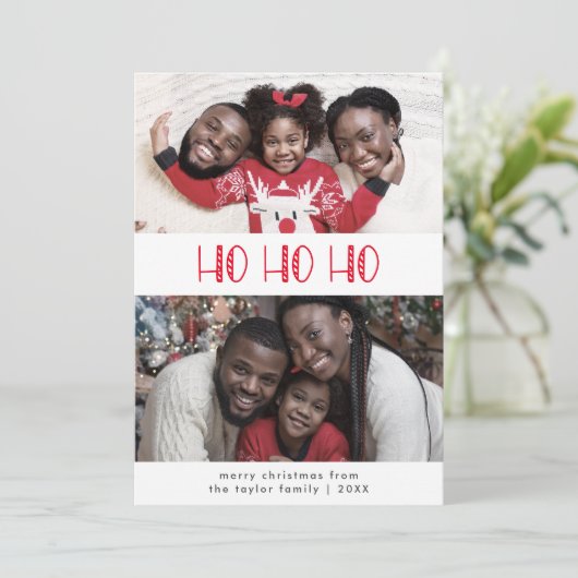 LUCY Red Fun Kind Family Ho Ho Ho 2 Foto Kerstmis Feestdagenkaart (Staand voorkant)