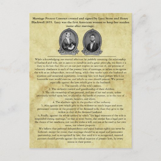 Lucy Stone Henry Blackwell huwelijkscontract Briefkaart (Voorkant)
