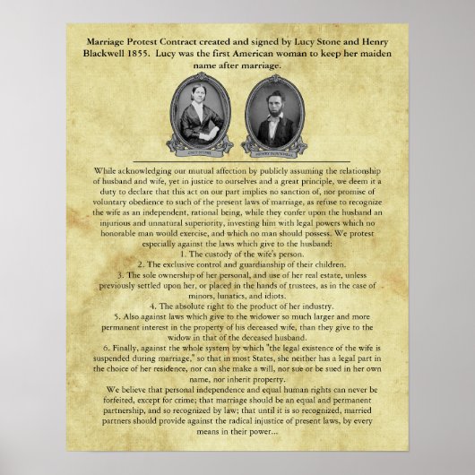 Lucy Stone Marriage Contract Suffrage Civil Rights Poster (Voorkant)