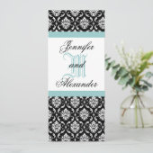 lue Monogram Wedding Damask Uitnodiging (Staand voorkant)