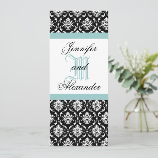 lue Monogram Wedding Damask Uitnodiging (Staand voorkant)