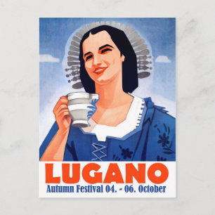 Lugano, herfstfestival. Vrouw met kopje thee Briefkaart