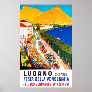Lugano, luchtbeeld. Mensen verdringen zich op wijn Poster