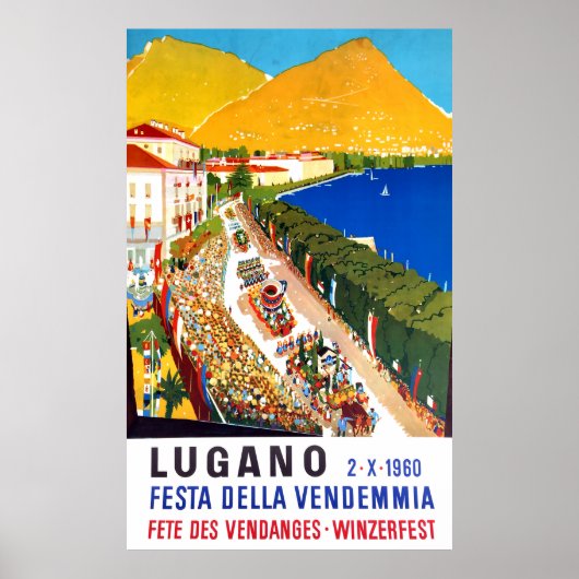 Lugano, luchtbeeld. Mensen verdringen zich op wijn Poster (Voorkant)