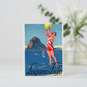 Lugano-meer, strand, meisje met strandbal,  briefkaart (Staand voorkant)