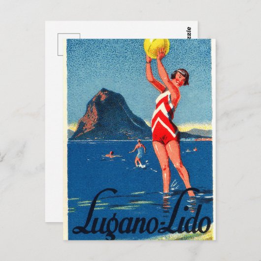 Lugano-meer, strand, meisje met strandbal,  briefkaart (Voorkant / Achterkant)