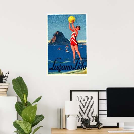 Lugano-meer, strand, meisje met strandbal, poster (Thuiskantoor)