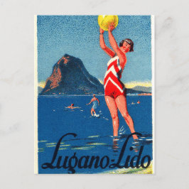 Lugano meer, strand, meisje met strandbal, vintage briefkaart