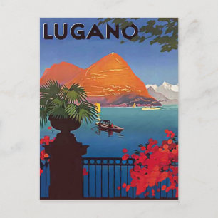 Lugano-meer, uitzicht van het hotel terras, vintag briefkaart