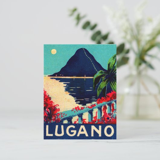 Lugano-meer, Zwitserland, uitzicht van het hotel t Briefkaart (Staand voorkant)