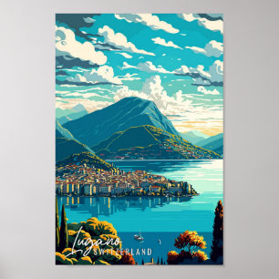 Lugano Zwitserland Kunst vintage reisillustratie Poster