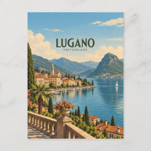 Lugano Zwitserland Vintage Reis Kunst Briefkaart