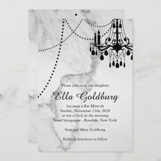 Luhandelier Bat Mitzvah Uitnodiging marmer (Voorkant / Achterkant)