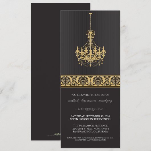 Luhandelier Cocktail Party Invite (zwart/goud) Kaart (Voorkant / Achterkant)