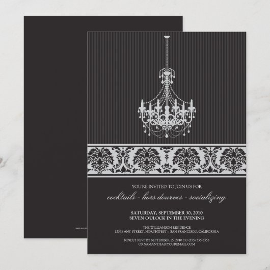 Luhandelier Cocktail Party Invite (zwart/zilver) Kaart (Voorkant / Achterkant)