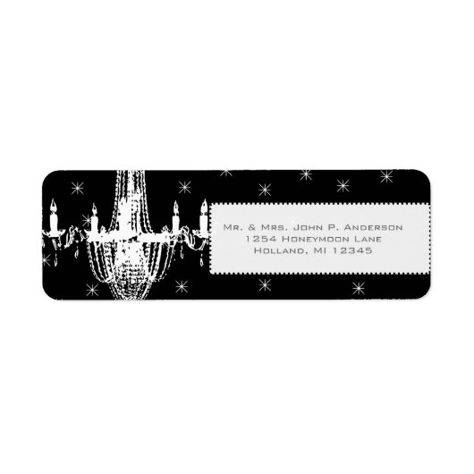 Luhandelier en sterren op zwart retouradres etiket (Voorkant)