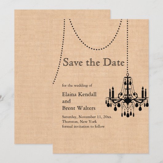 Luhandelier op Burlap Save the Date (Voorkant / Achterkant)