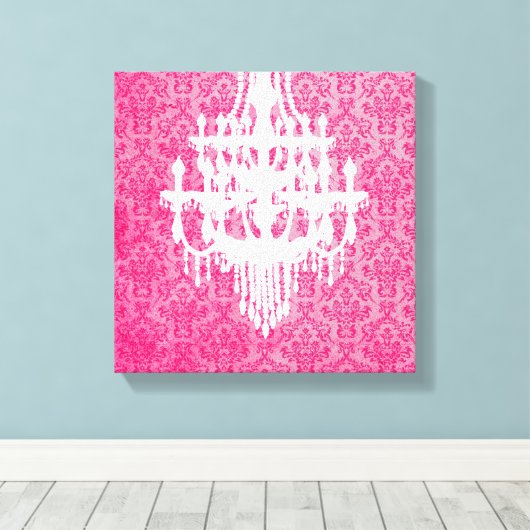 Luhandelier Silhouette en Roze Damask Canvas Afdruk (Insitu (Houten vloer))