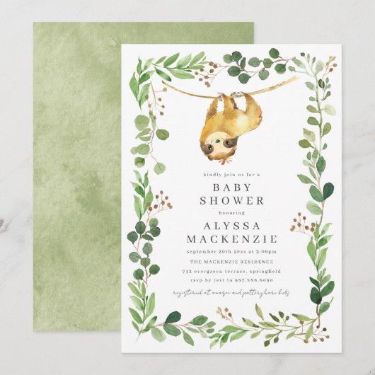 Luiaard Baby Shower Uitnodiging (Voorkant / Achterkant)
