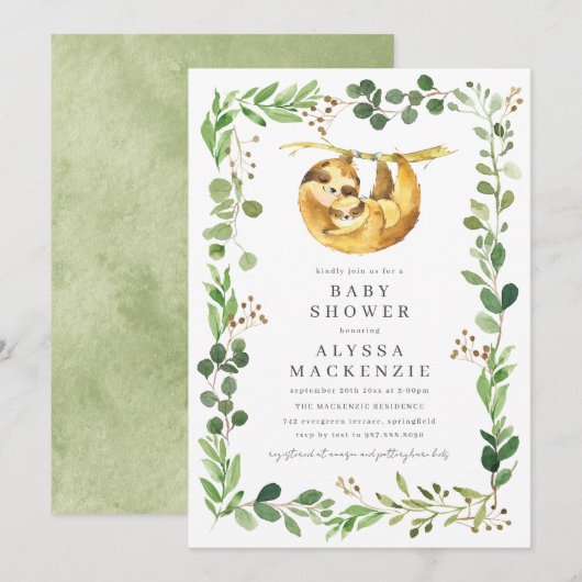 Luiaard Baby Shower Uitnodiging (Voorkant / Achterkant)