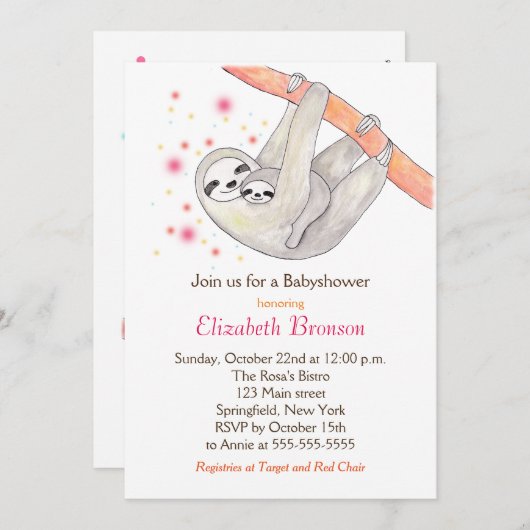 Luiaard Baby shower Uitnodiging Schattige Luiaard  (Voorkant / Achterkant)