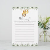 Luiaard Baby Shower Wie Ben Ik Spel (Staand voorkant)