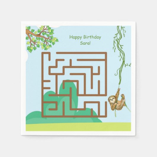 Luiaard, bladeren doolhof puzzel verjaardag papier servet (Voorkant)