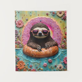 Luiaard die ontspant in een zwevende donut grappig wandkleed
