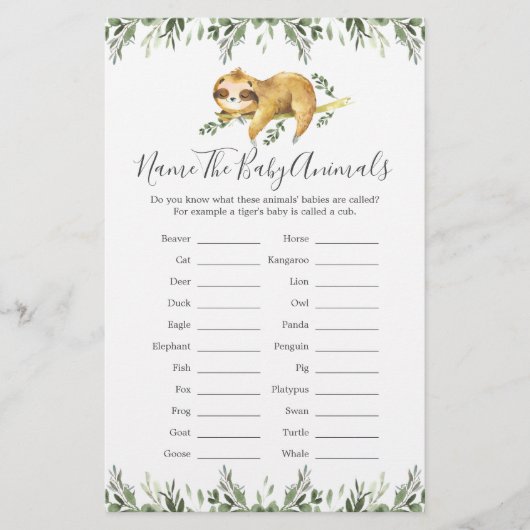 luiaard dieren Baby shower naam de baby dieren (Voorkant)