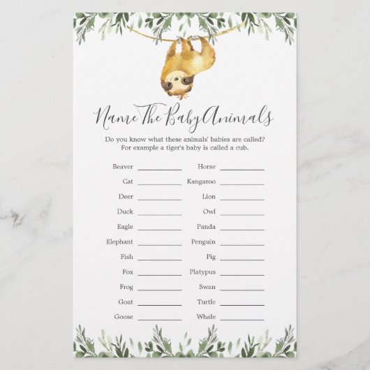 luiaard dieren Baby shower naam de baby dieren (Voorkant)