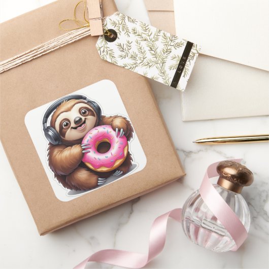 Luiaard & Donut Relaxstand Vierkante Sticker (Geschenken)