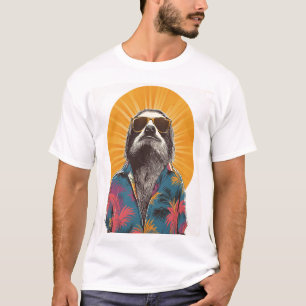 Luiaard Draagt Zonnebril Hawaiaans Vintage T-shirt
