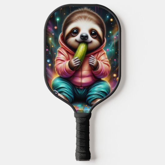 luiaard eet een augurk cute cartoon pickleball paddle (Voorkant)