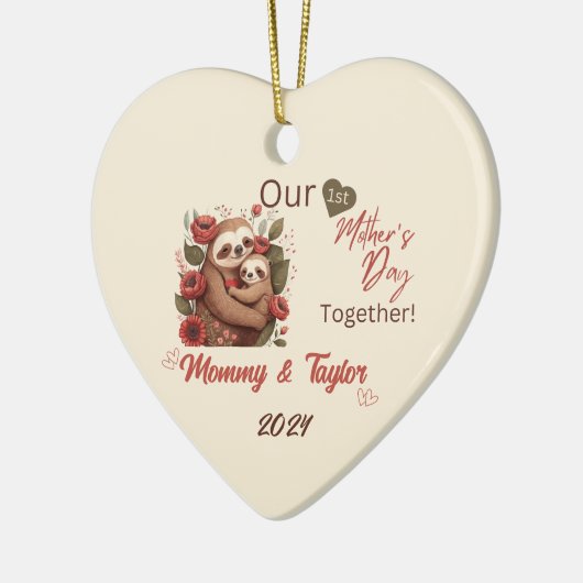 Luiaard en baby, Onze Eerste Moederdag Samen Keramisch Ornament (Links)